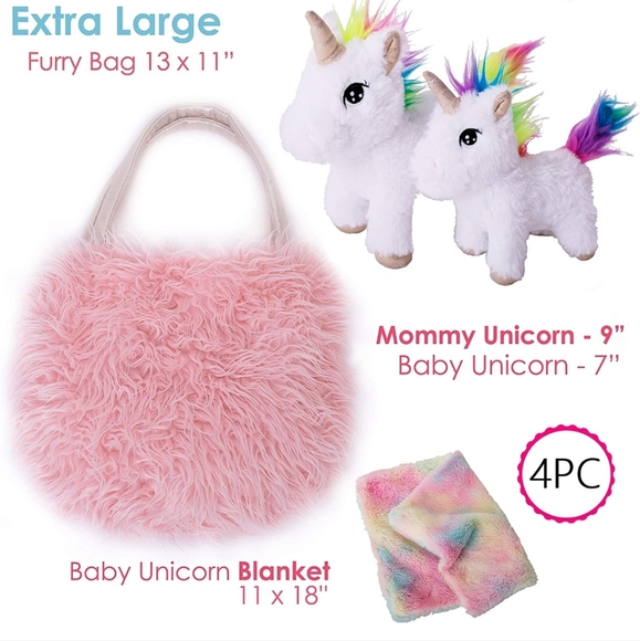 Unicorn Gift, 4 Pcs Set. Baby and Mommy Unicorn Toy, XL Furry Bag and Blanket. - Picture 2 of 6